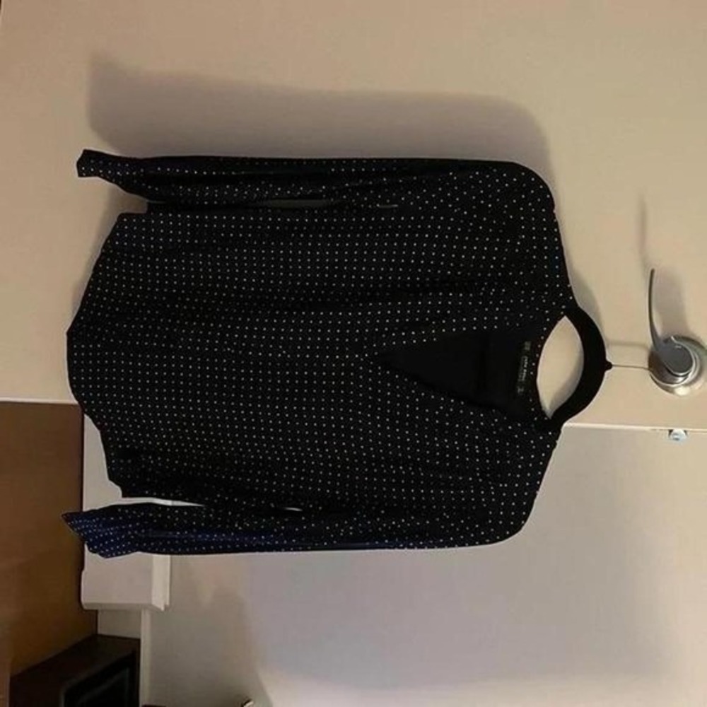 Navy Blue Polka Dot Long Sleeve Collared Blouse Womens Size M - Picture 2 of 6